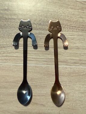 2Pcs Black & Bronze Stainless Steel Mini Cat Kitten Design Stainless Steel Spoon